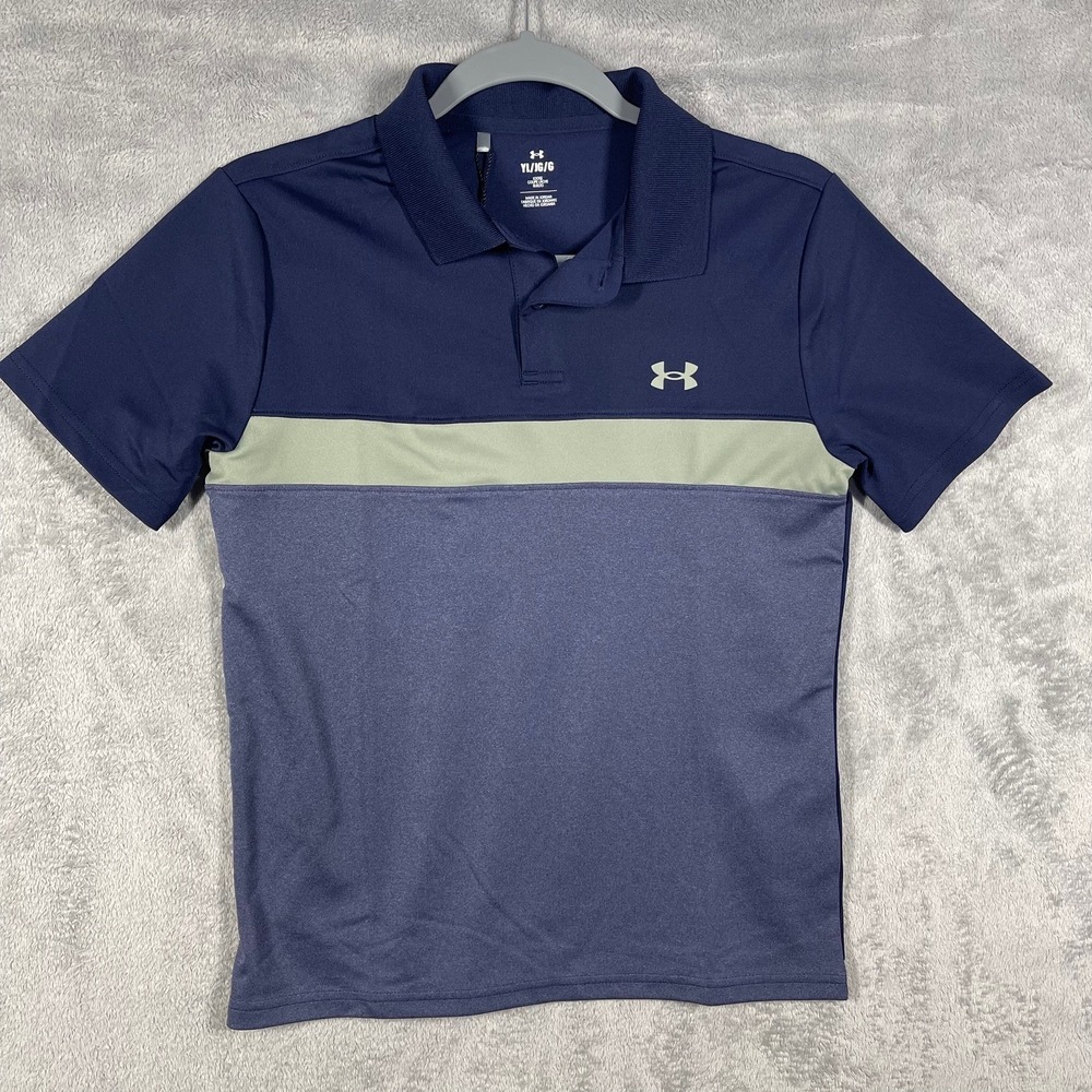 Under Armour Polo Shirt Boys Youth‎ Large Navy Blue Colorblock Loose Fit UPF 50